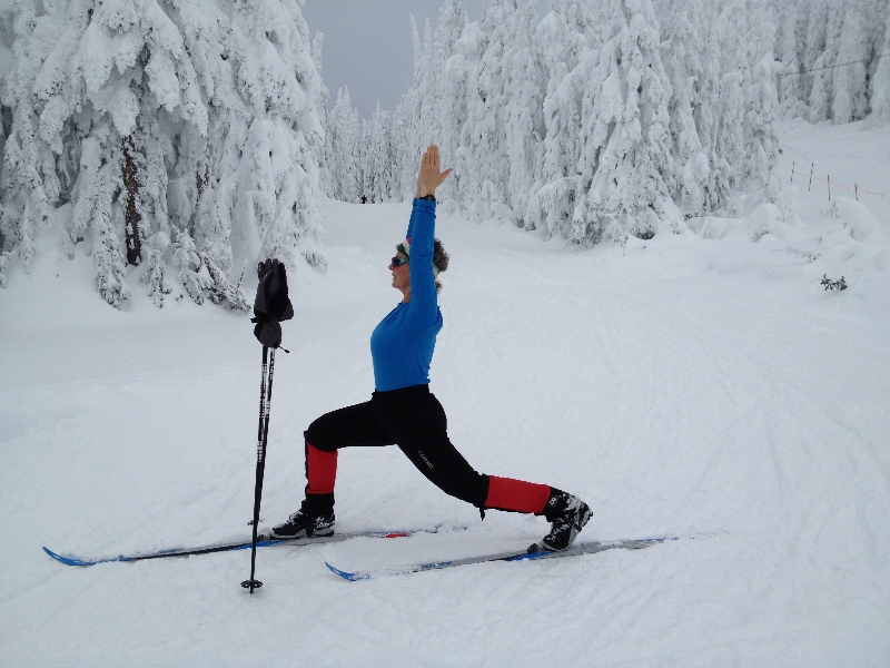 Jenny in High Lunge (Ashwa Sanchalanasana) on cross-country skis at Sovereign Lakes Provincial Park, near Vernon, B.C. (Photo by Ian Hatter).