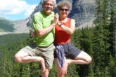 Ian and Jenny doing Double Tree Pose (Vriksasana) in Paradise Valley Trail below Mount Temple, Banff National Park, Alberta (Photo by Gwen Smiley).